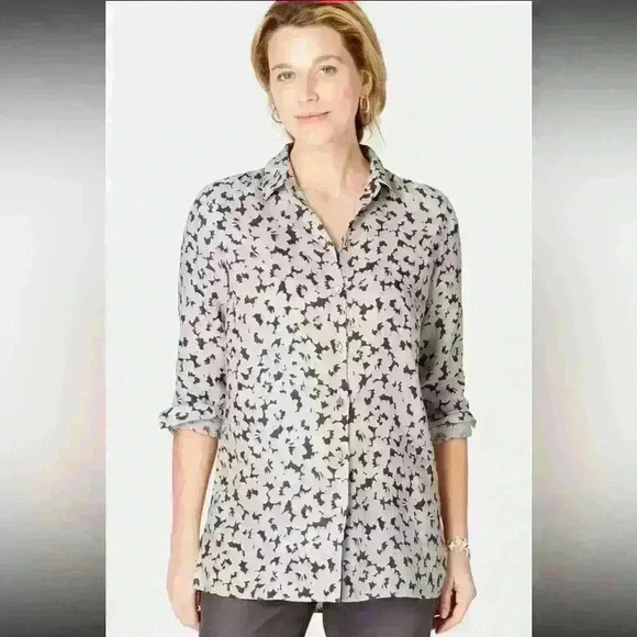 J Jill Love Linen Button Down Long Sleeve Gray Floral Shirt Women's Small Tall - Picture 3 of 11